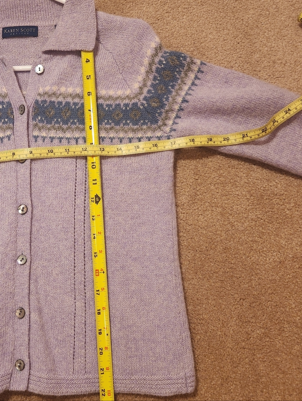 Karen Scott Button-Up Sweater/Cardigan, 100% Wool, Lilac & light blue, Size:  PS - Picture 4 of 7